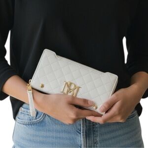Badgley Mischka White Quilted Zip-Around Wristlet Wallet with Gold Logo